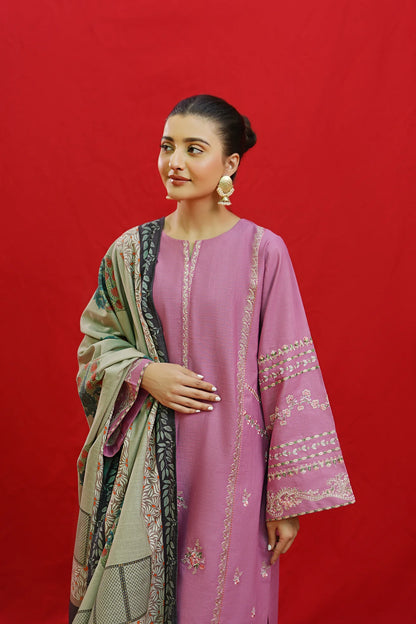 URGE-3PC KHADDAR EMBROIDRED SHIRT WITH WOOL PRINTED SHAWL & EMB TROUSER-BIC-3383