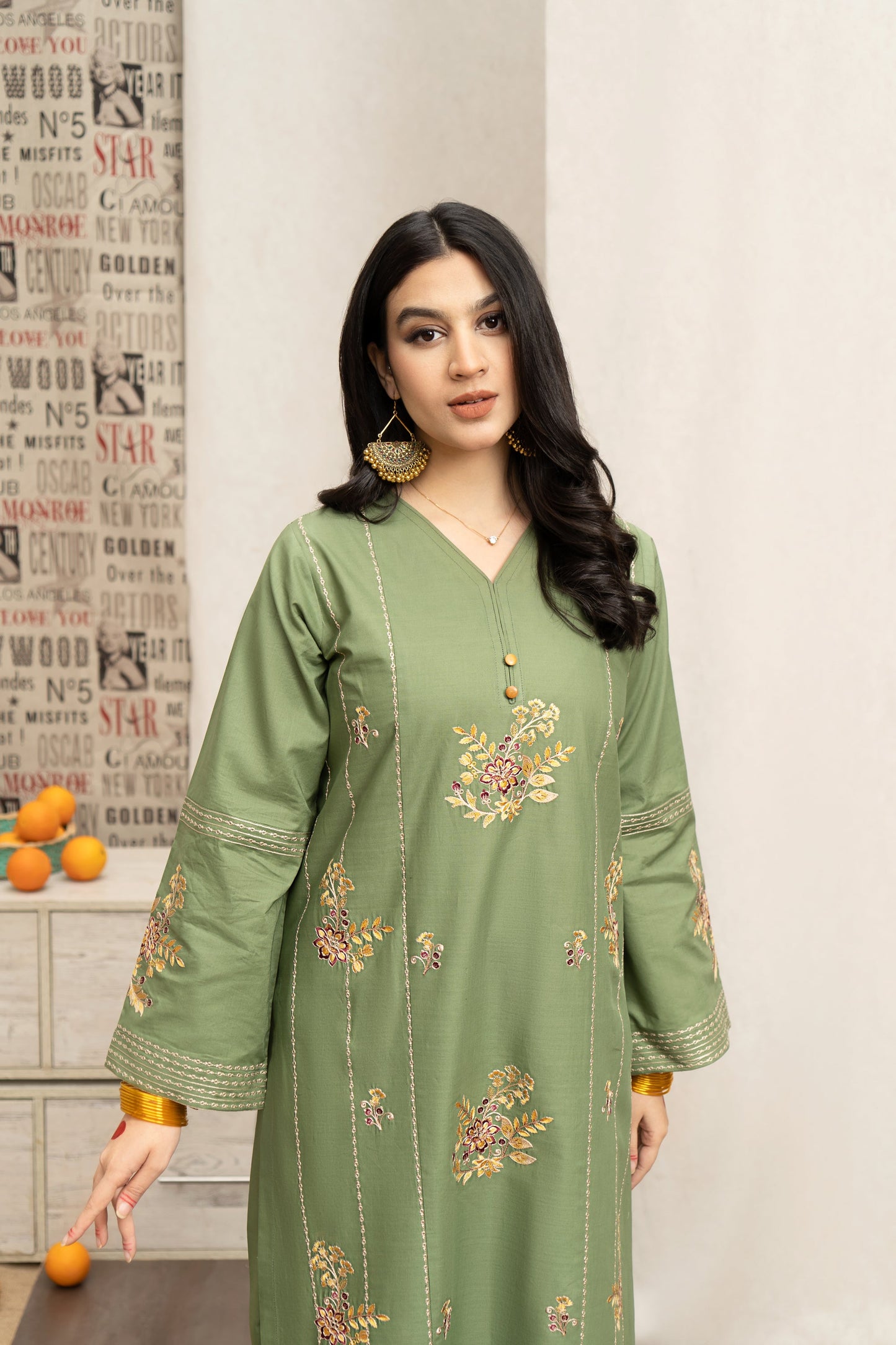 URGE- 3PC DHANAK EMBROIDERED SHIRT WITH COUTURE  PRINT SHAWL AND EMB TROUSER-BIC-3222