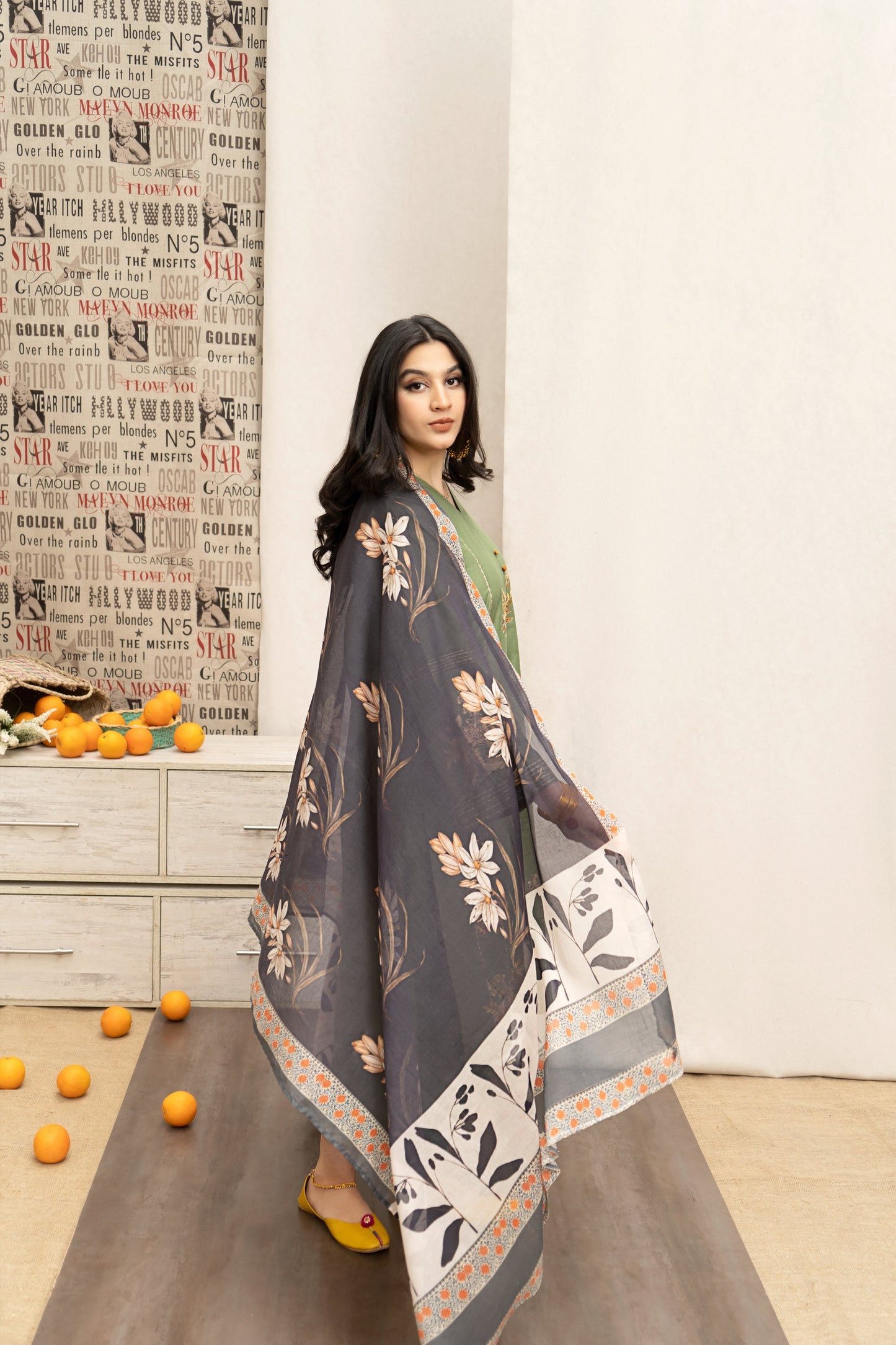 URGE- 3PC DHANAK EMBROIDERED SHIRT WITH COUTURE  PRINT SHAWL AND EMB TROUSER-BIC-3222