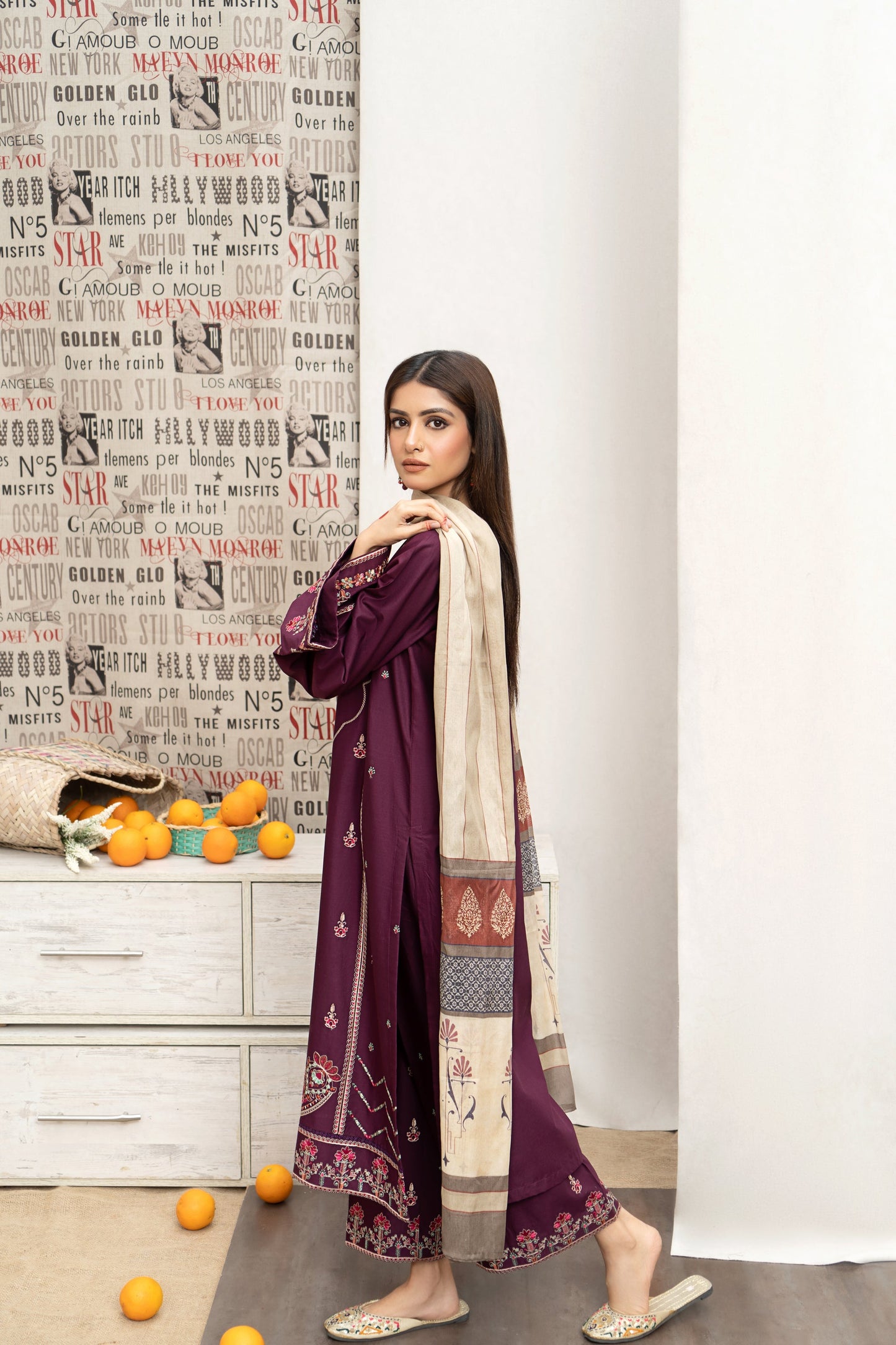 URGE- 3PC DHANAK EMBROIDERED SHIRT WITH COUTURE  PRINT SHAWL AND EMB TROUSER-BIC-3216