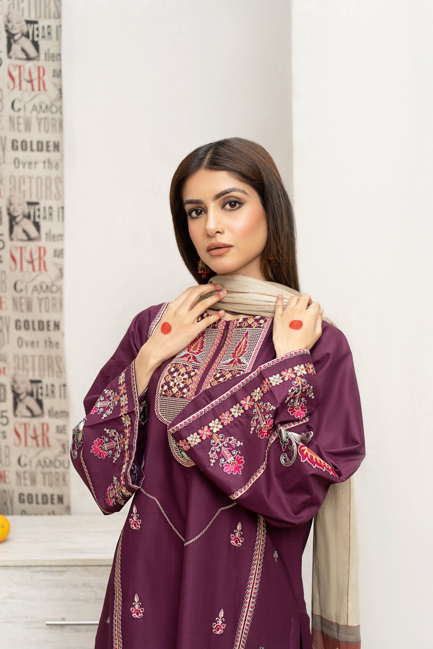 URGE- 3PC DHANAK EMBROIDERED SHIRT WITH COUTURE  PRINT SHAWL AND EMB TROUSER-BIC-3216