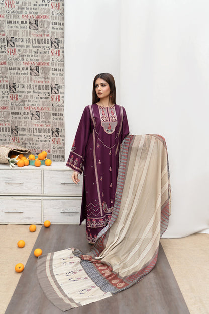 URGE- 3PC DHANAK EMBROIDERED SHIRT WITH COUTURE  PRINT SHAWL AND EMB TROUSER-BIC-3216