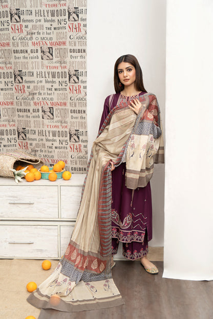 URGE- 3PC DHANAK EMBROIDERED SHIRT WITH COUTURE  PRINT SHAWL AND EMB TROUSER-BIC-3216