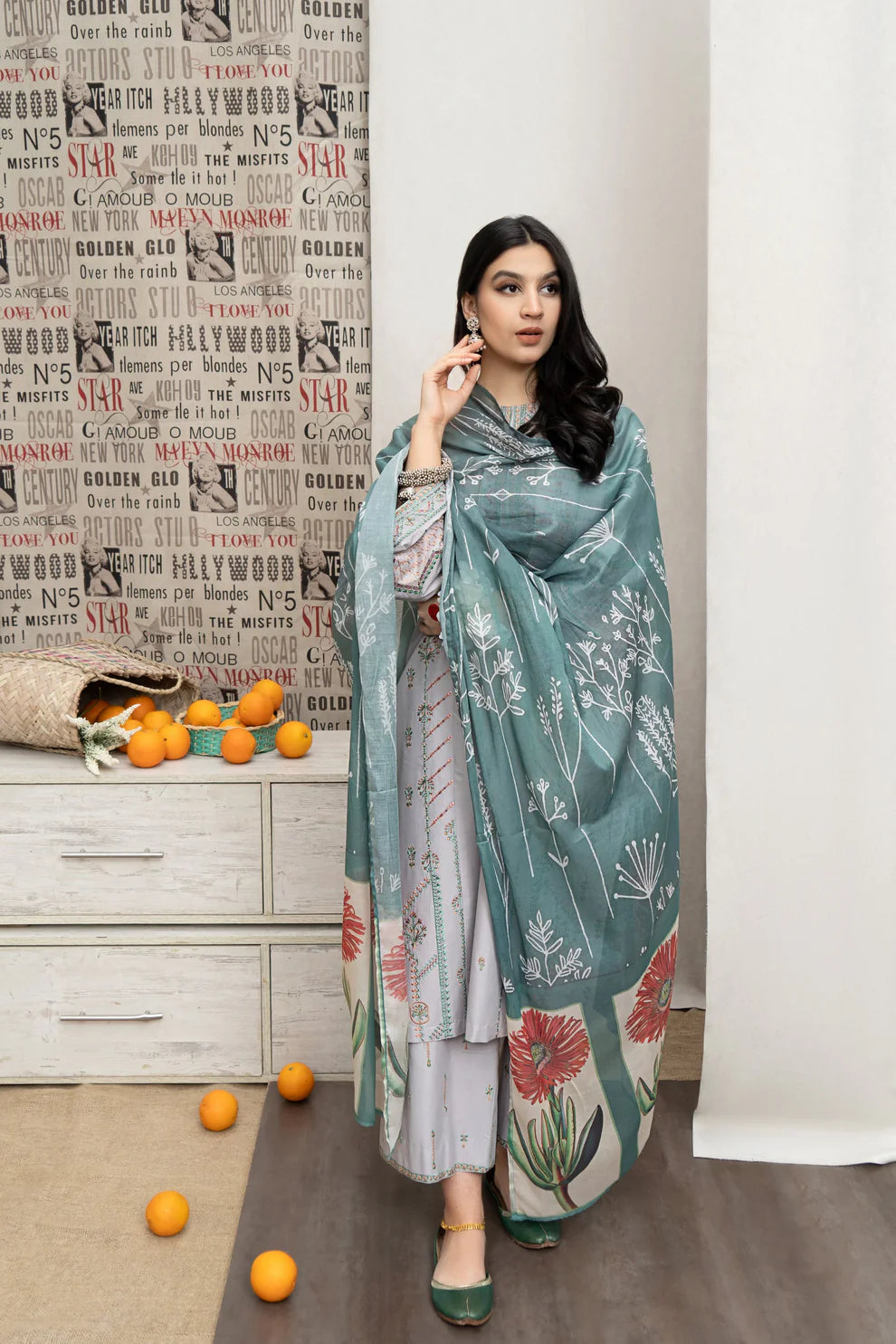 URGE - 3PC DHANAK EMBROIDERED SHIRT WITH  COUTUTRE PRINTED SHAWL & EMB TROUSER-BIC-3295