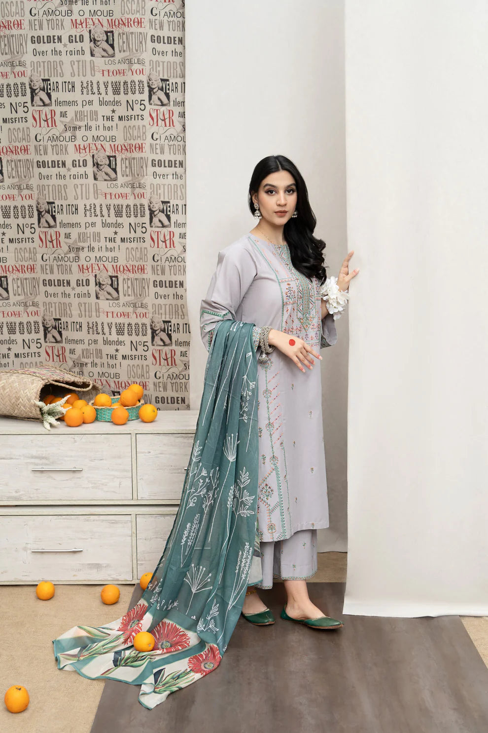 URGE - 3PC DHANAK EMBROIDERED SHIRT WITH  COUTUTRE PRINTED SHAWL & EMB TROUSER-BIC-3295