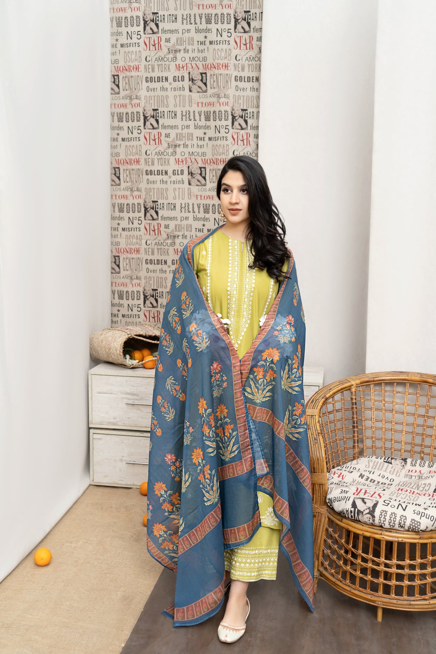 URGE- 3PC DHANAK EMBROIDERED SHIRT WITH COUTURE WOOL PRINT SHAWL AND EMB TROUSER-BIC-3162