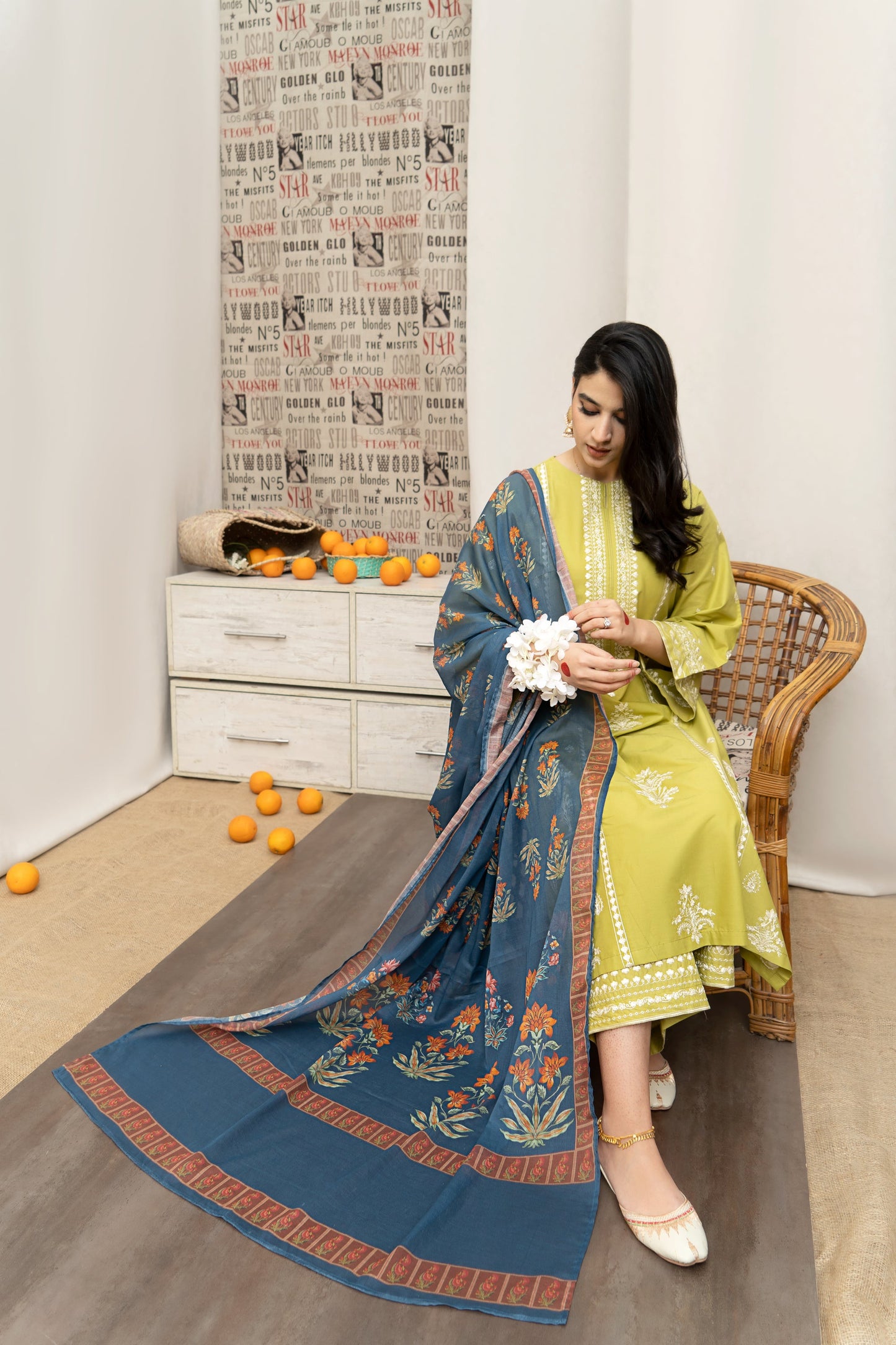 URGE- 3PC DHANAK EMBROIDERED SHIRT WITH COUTURE WOOL PRINT SHAWL AND EMB TROUSER-BIC-3162