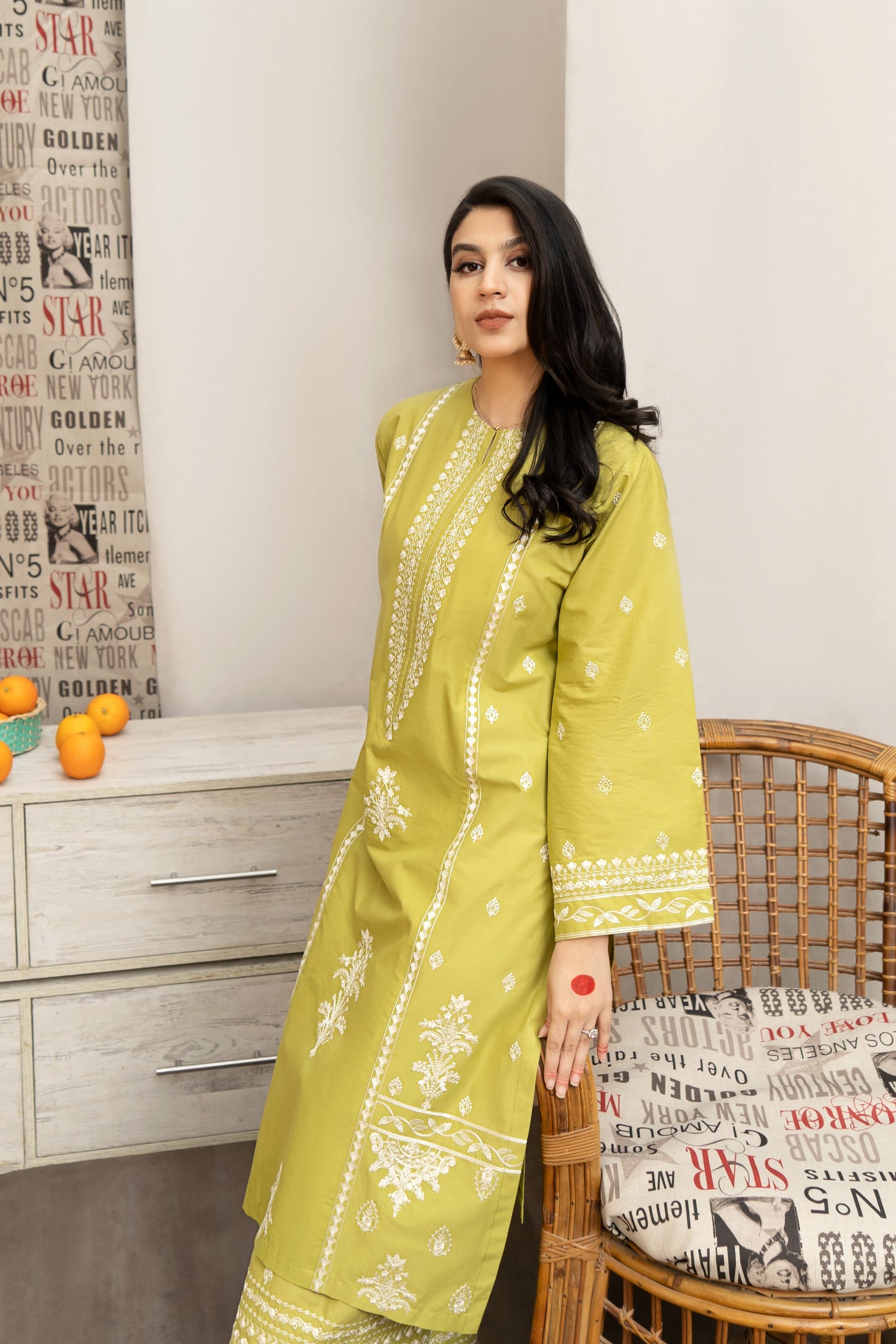 URGE- 3PC DHANAK EMBROIDERED SHIRT WITH COUTURE WOOL PRINT SHAWL AND EMB TROUSER-BIC-3162