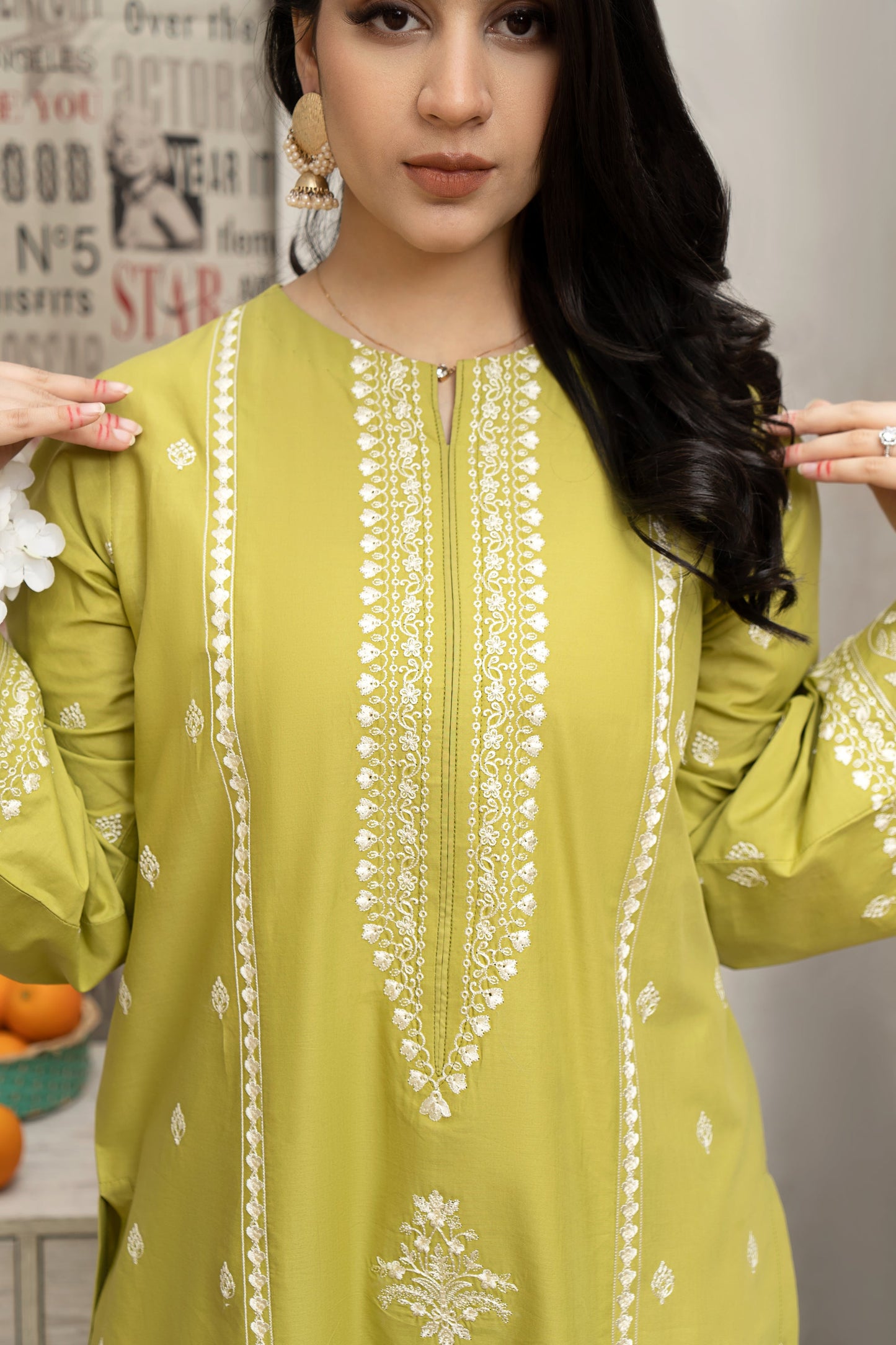 URGE- 3PC DHANAK EMBROIDERED SHIRT WITH COUTURE WOOL PRINT SHAWL AND EMB TROUSER-BIC-3162