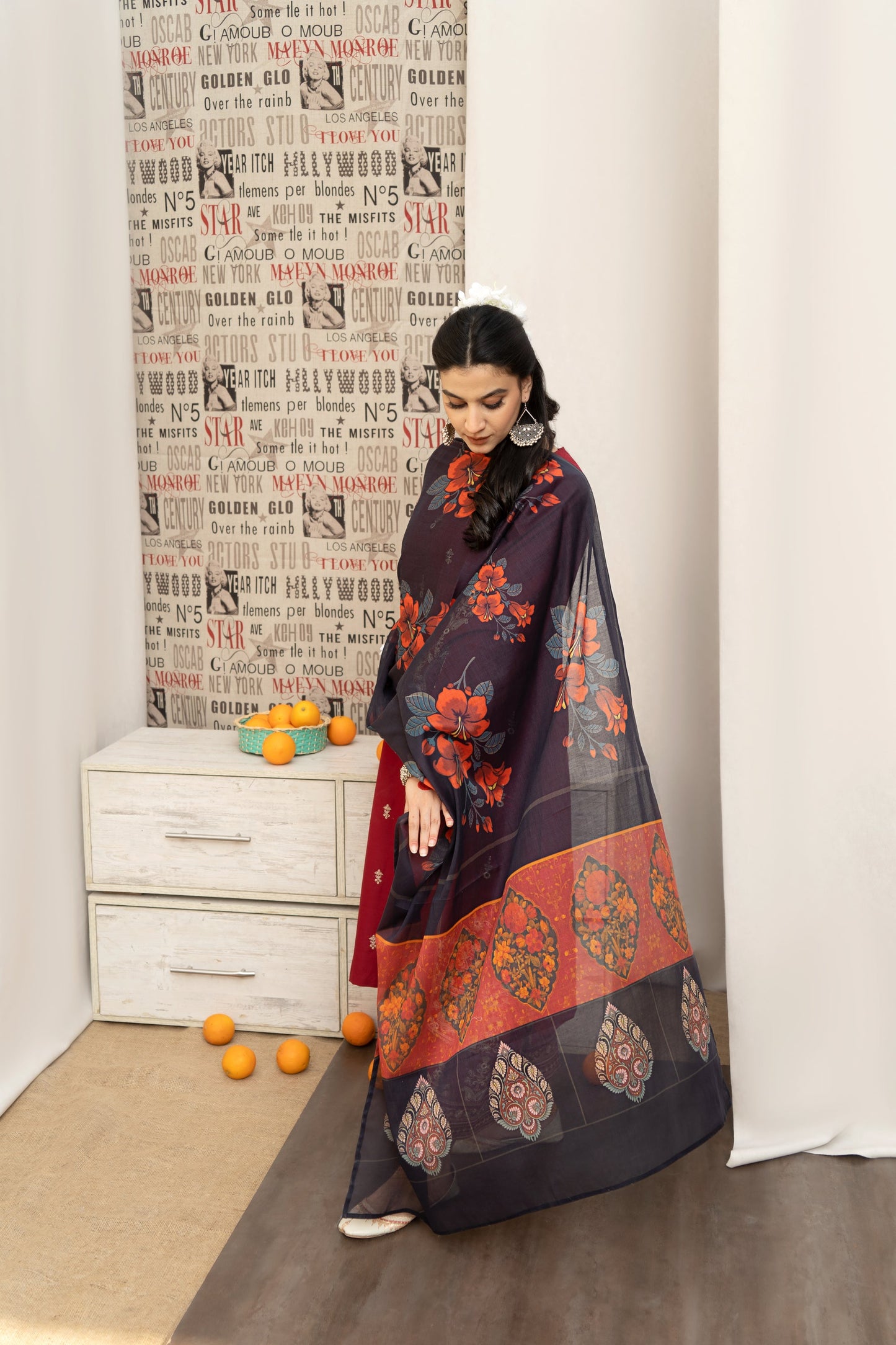 URGE - 3PC DHANAK EMBROIDERED SHIRT WITH COUTURE PRINTED SHAWL AND EMB TROUSER-BIC-3205