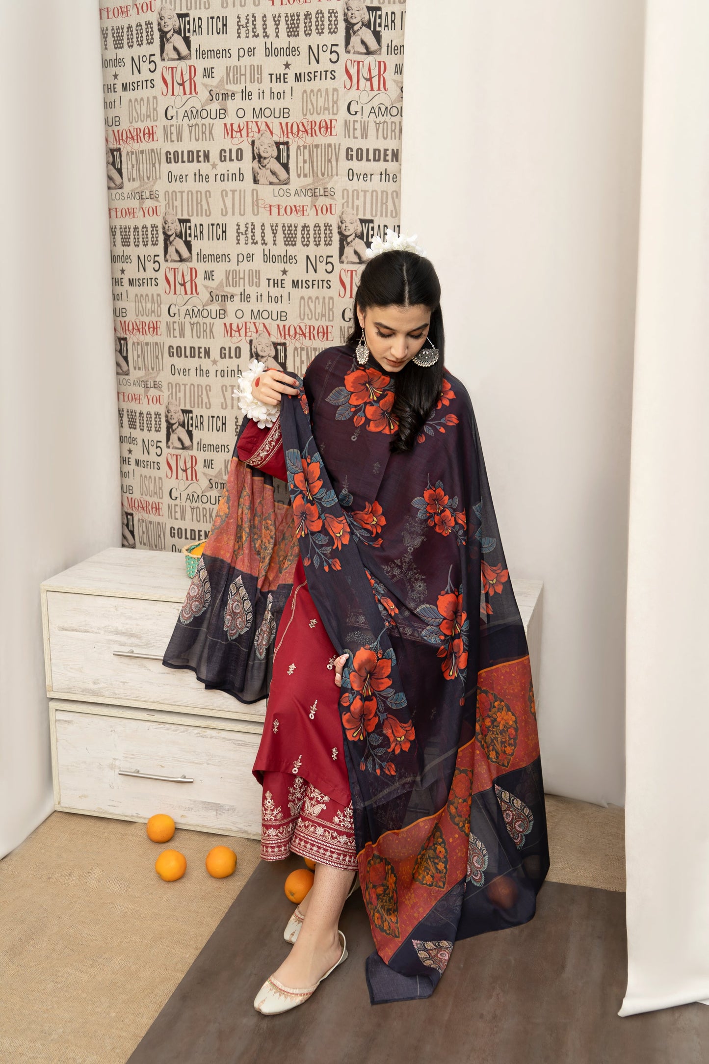 URGE - 3PC DHANAK EMBROIDERED SHIRT WITH COUTURE PRINTED SHAWL AND EMB TROUSER-BIC-3205