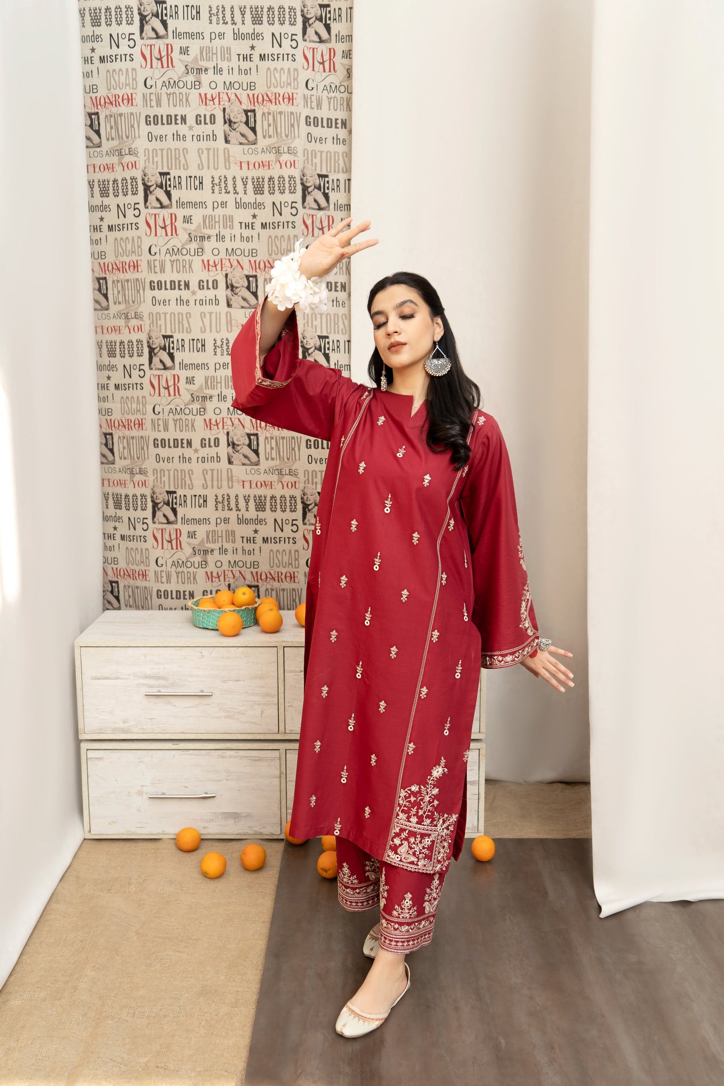 URGE - 3PC DHANAK EMBROIDERED SHIRT WITH COUTURE PRINTED SHAWL AND EMB TROUSER-BIC-3205