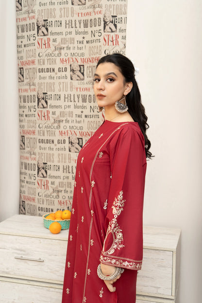 URGE - 3PC DHANAK EMBROIDERED SHIRT WITH COUTURE PRINTED SHAWL AND EMB TROUSER-BIC-3205