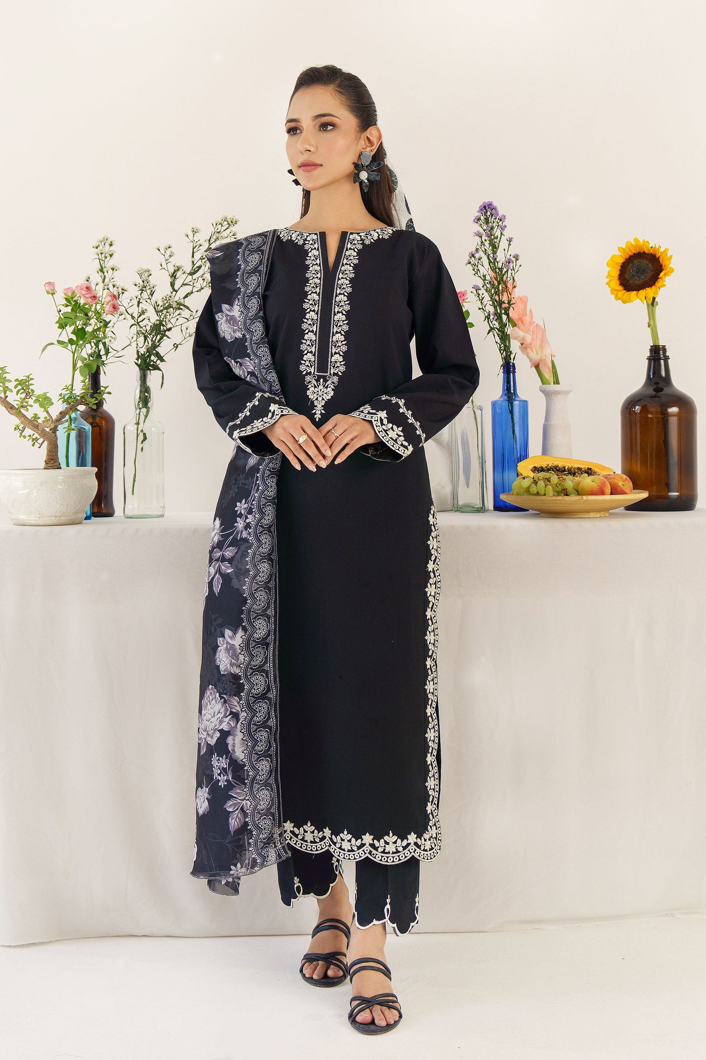 URGE - 3PC DHANAK EMBROIDERED SHIRT WITH  WOOL PRINTED SHAWL AND TROUSER-BIC-3174