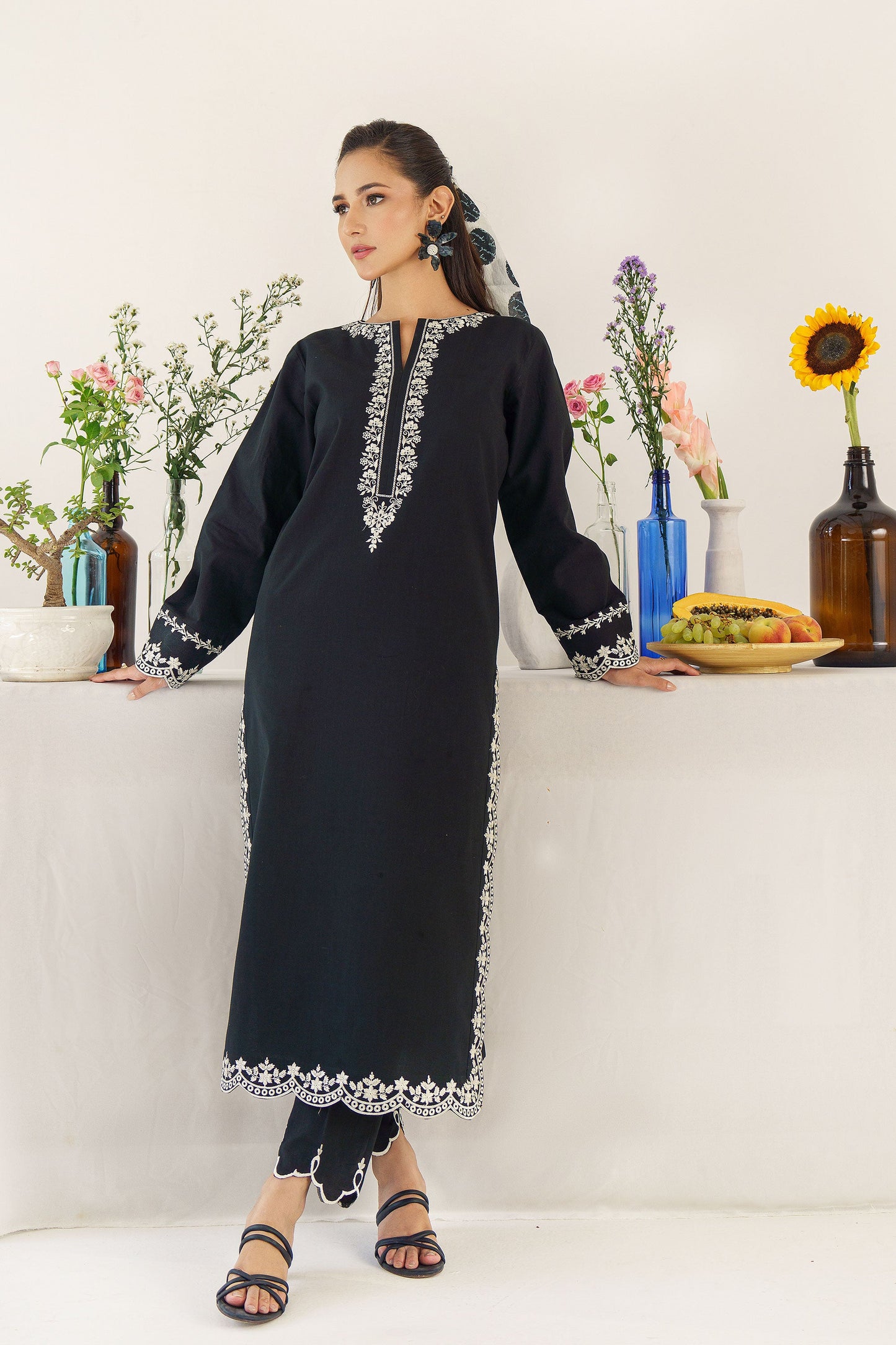 URGE - 3PC DHANAK EMBROIDERED SHIRT WITH  WOOL PRINTED SHAWL AND TROUSER-BIC-3174