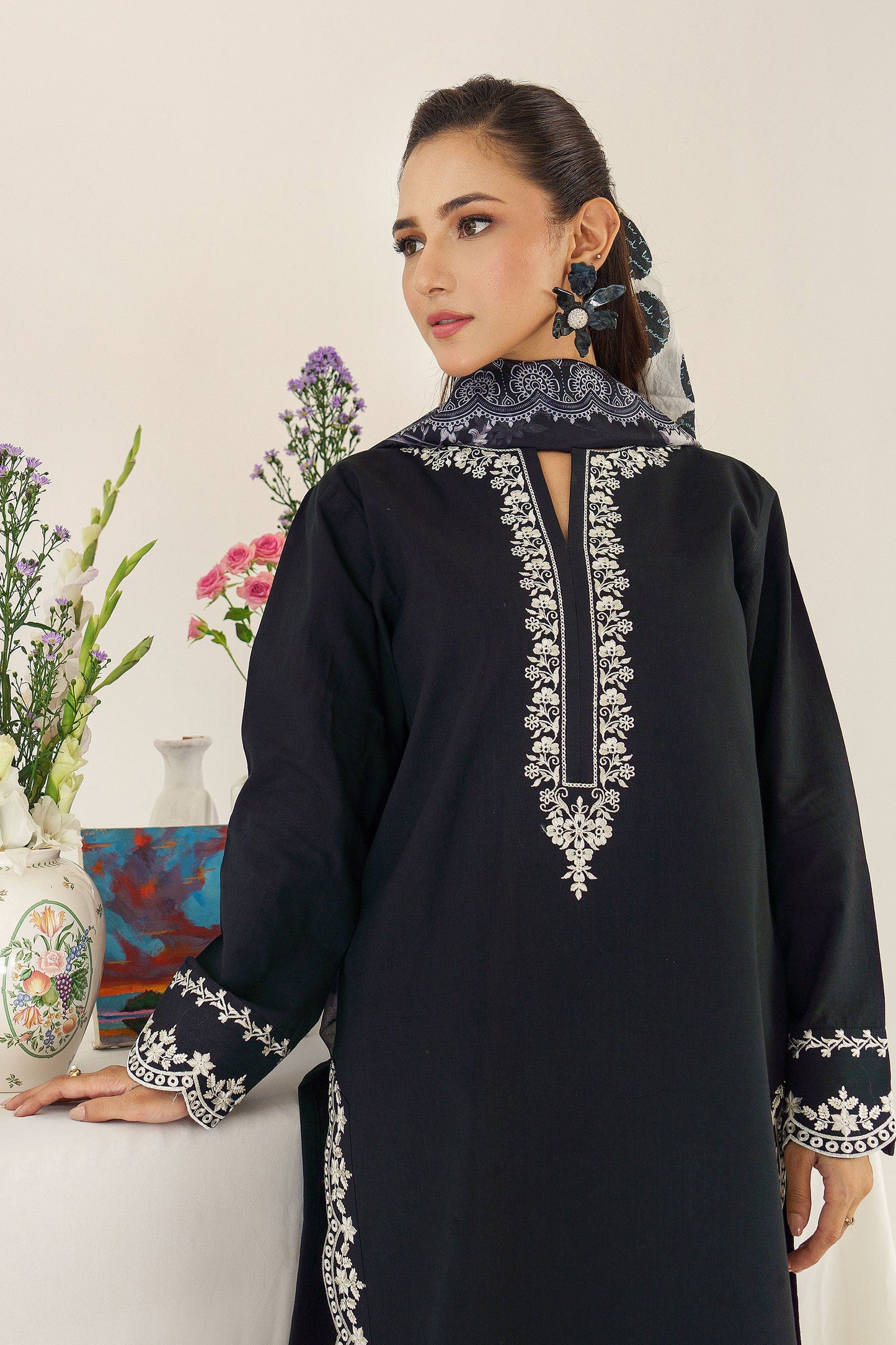 URGE - 3PC DHANAK EMBROIDERED SHIRT WITH  WOOL PRINTED SHAWL AND TROUSER-BIC-3174