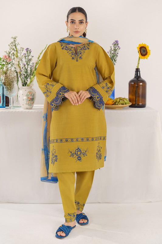 HANA- 3PC KHADAR EMBROIDERED SHIRT WITH COUTURE PRINT SHAWL AND TROUSER-BIC- 3194