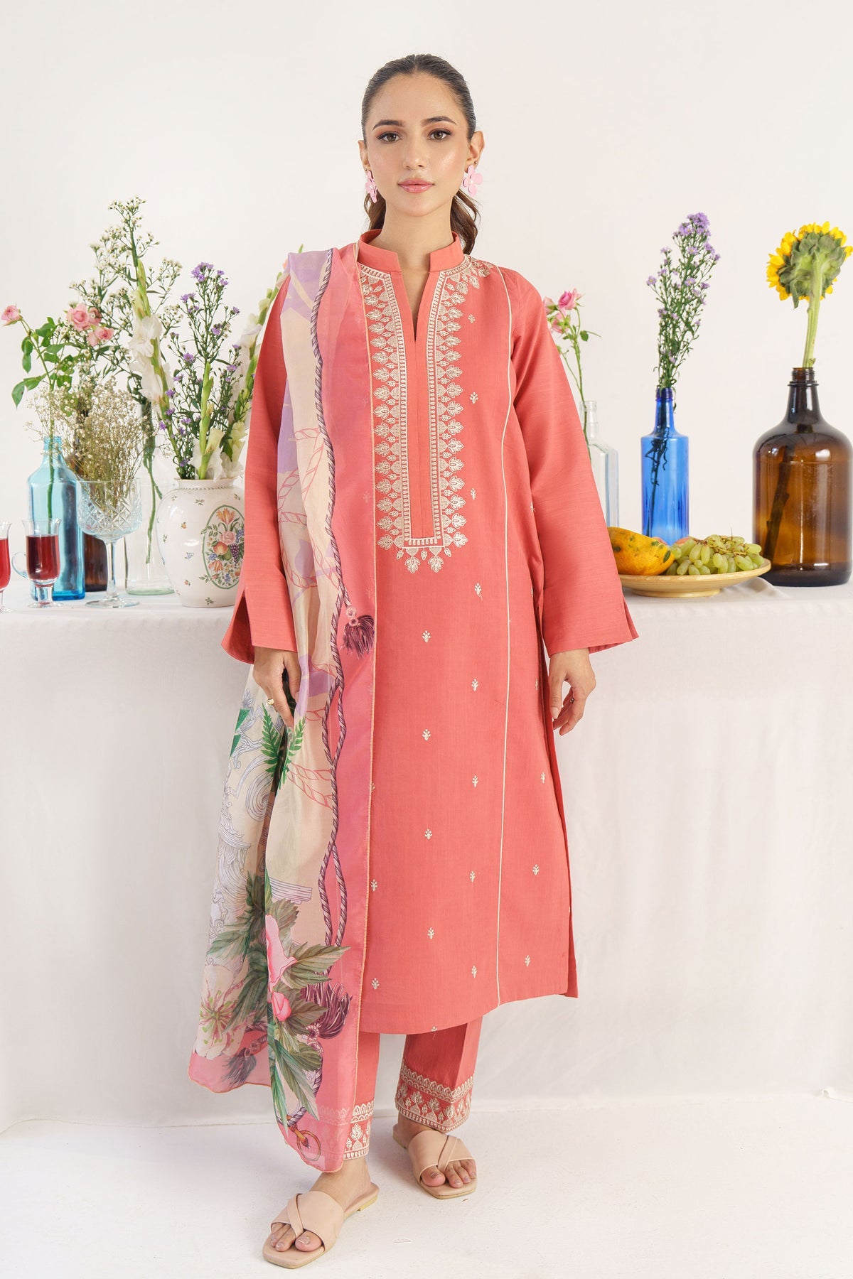 HANA- 3PC KHADAR EMBROIDERED SHIRT WITH COUTURE PRINT SHAWL AND TROUSER-BIC- 3167