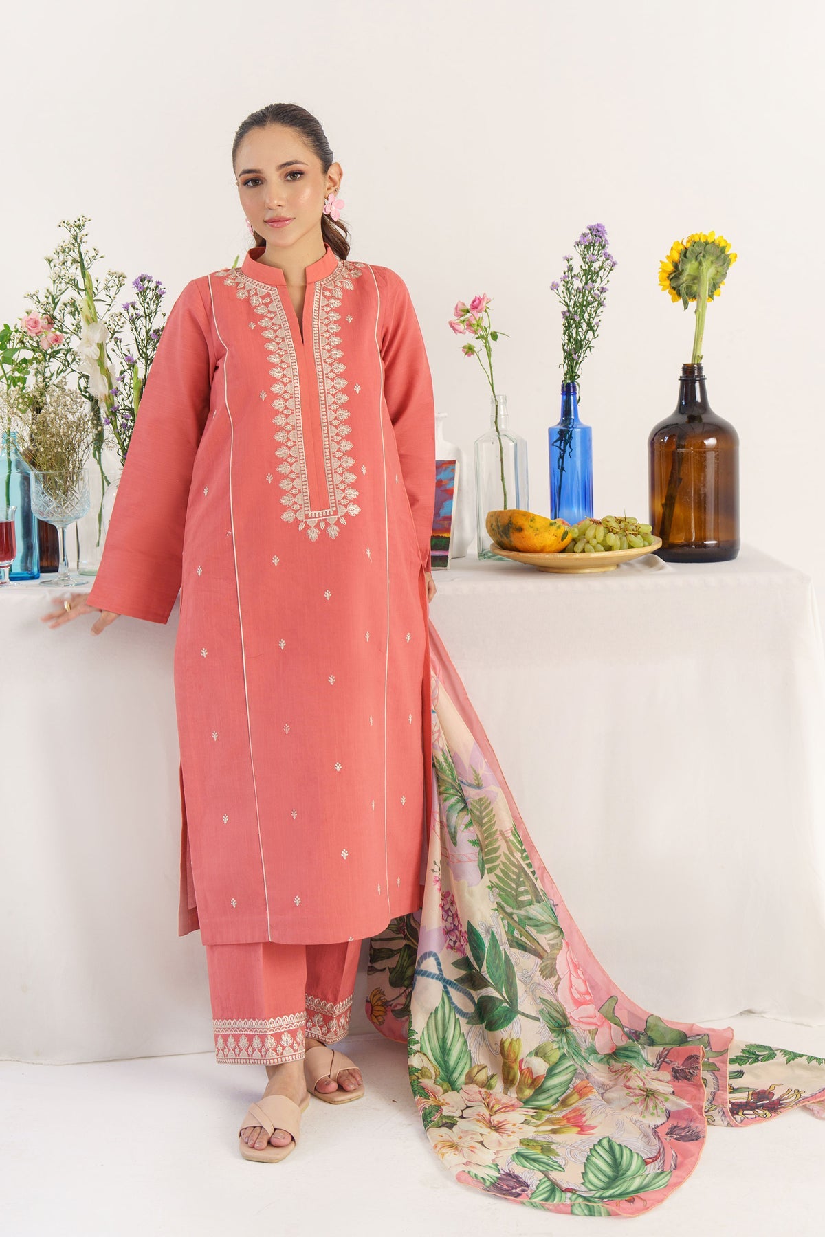 HANA- 3PC KHADAR EMBROIDERED SHIRT WITH COUTURE PRINT SHAWL AND TROUSER-BIC- 3167