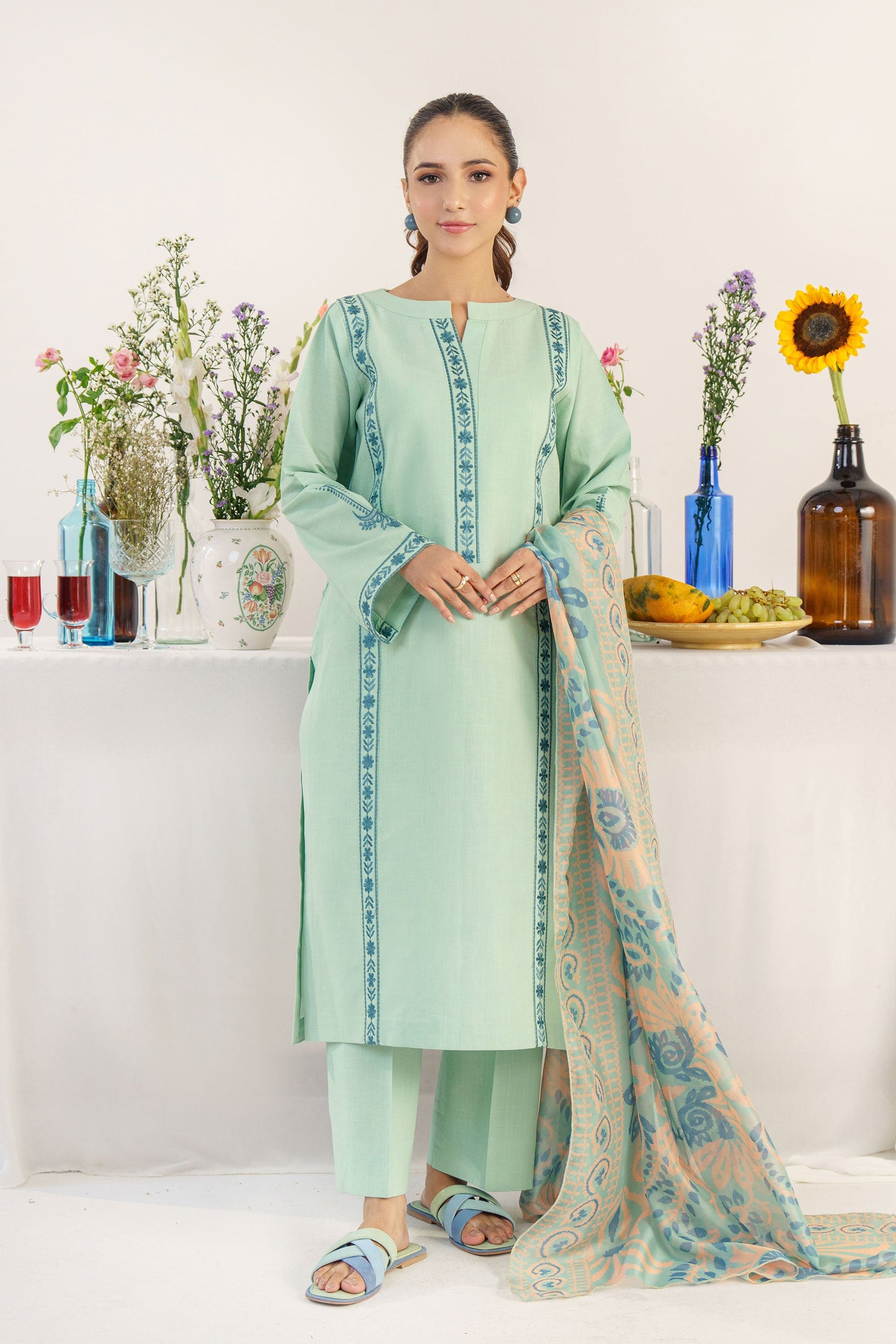 HANA- 3PC DHANAK EMBROIDERED SHIRT WITH WOOL PRINT SHAWL AND TROUSER-BIC-3158