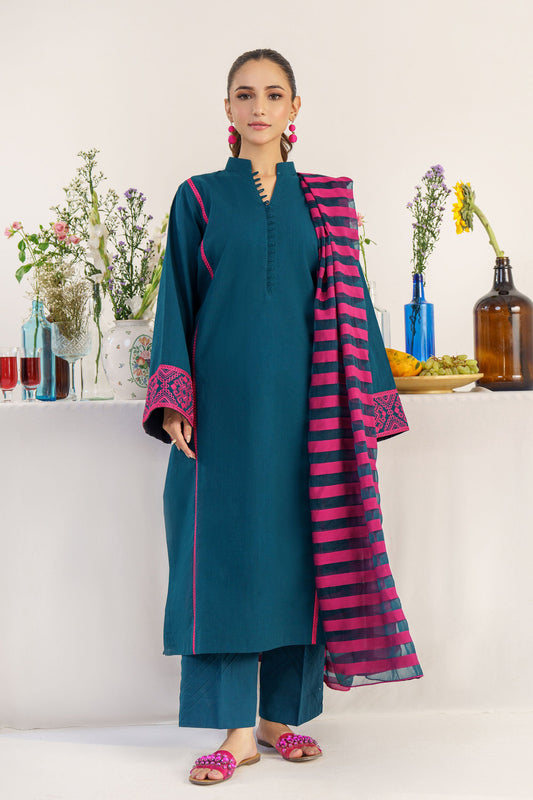 HANA- 3PC DHANAK EMBROIDERED SHIRT WITH WOOL PRINT SHAWL AND TROUSER-BIC-3157