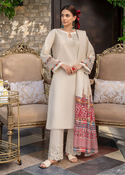 GHAZAL- 3PC DHANAK EMBROIDERED SHIRT WITH WOOL PRINT SHAWL AND TROUSER-BIC-3151