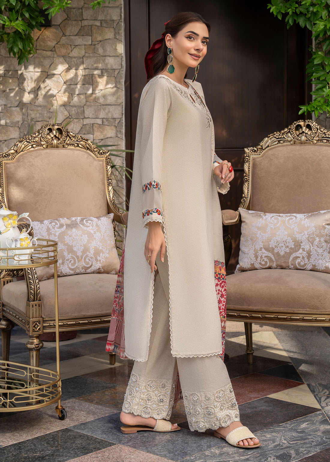 GHAZAL- 3PC DHANAK EMBROIDERED SHIRT WITH WOOL PRINT SHAWL AND TROUSER-BIC-3151