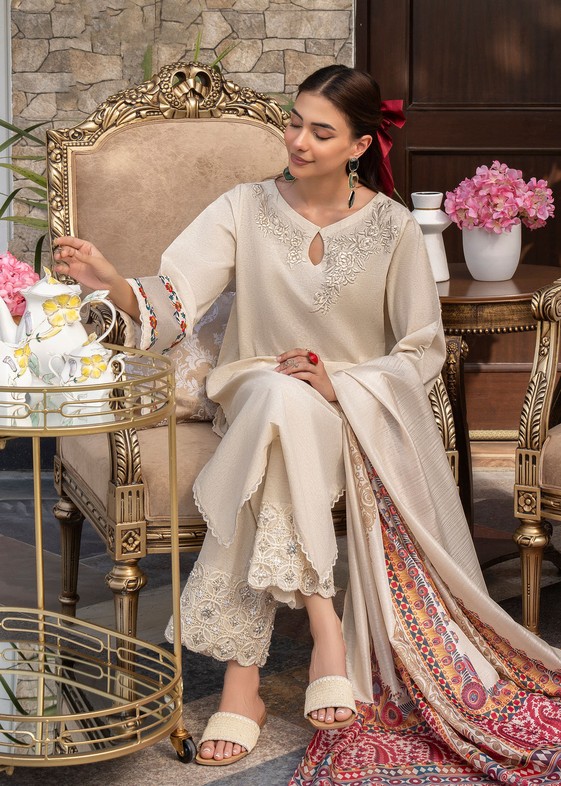 GHAZAL- 3PC DHANAK EMBROIDERED SHIRT WITH WOOL PRINT SHAWL AND TROUSER-BIC-3151