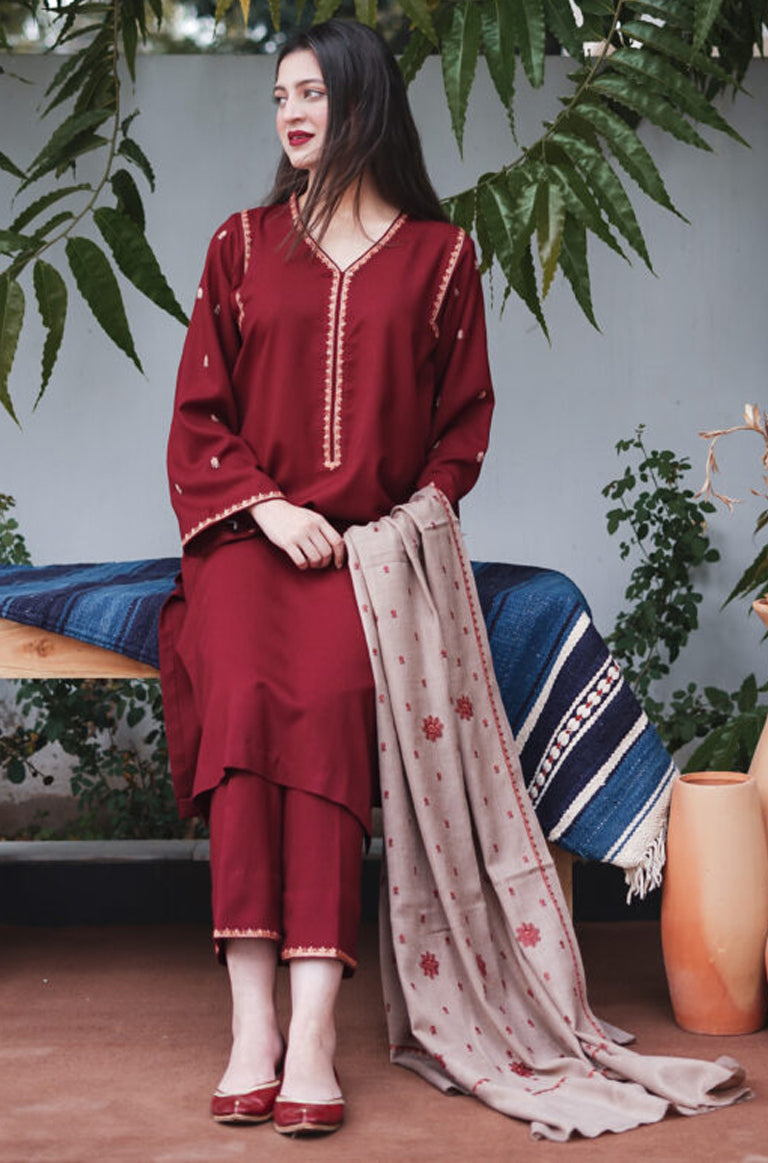 ASLING- 3PC DHANAK EMBROIDERED SHIRT DHANAK EMBROIDERED DUPATTA AND TROUSER-BIC-3183