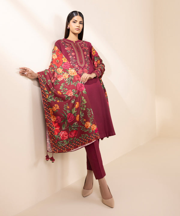 SAPPHIRE- 3PC DHANAK EMBROIDERED SHIRT WITH WOOL PRINT SHAWL AND TROUSER-BIC-3380