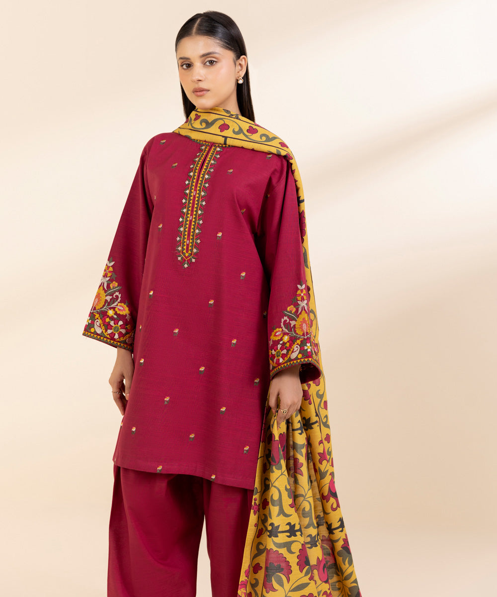 SAPPHIRE- 3PC KHADAR EMBROIDERED SHIRT WITH WOOL PRINT SHAWL AND TROUSER-BIC-3373