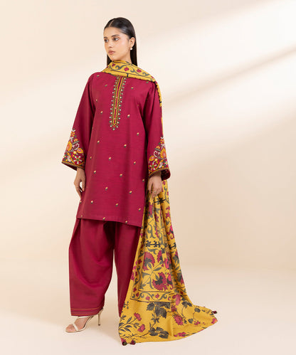 SAPPHIRE- 3PC KHADAR EMBROIDERED SHIRT WITH WOOL PRINT SHAWL AND TROUSER-BIC-3373