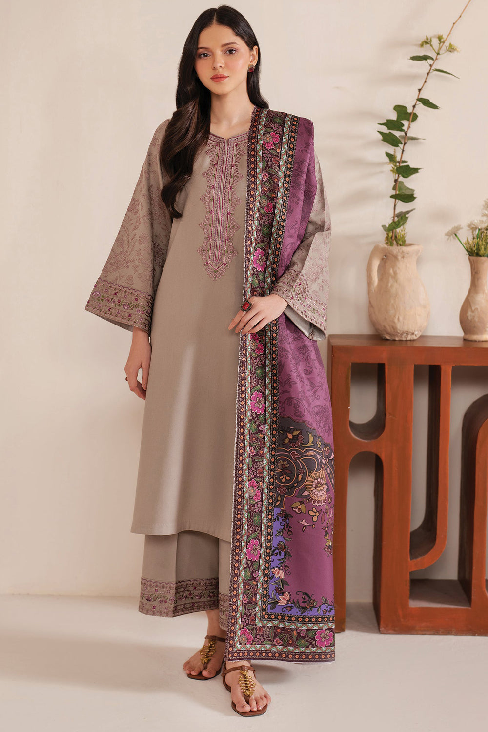 GARNET-3PC LAWN EMBROIDERED SHIRT WITH MONARK PRINT DUPATTA AND TROUSER-BIC-3538