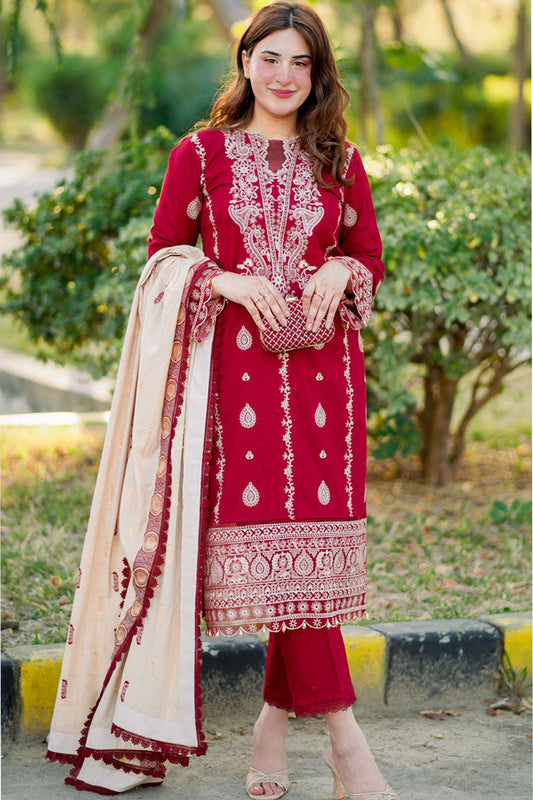 HANA- 3PC DHANAK EMBROIDERED SHIRT WITH COUTURE PRINT SHAWL AND TROUSER-BIC- 3153