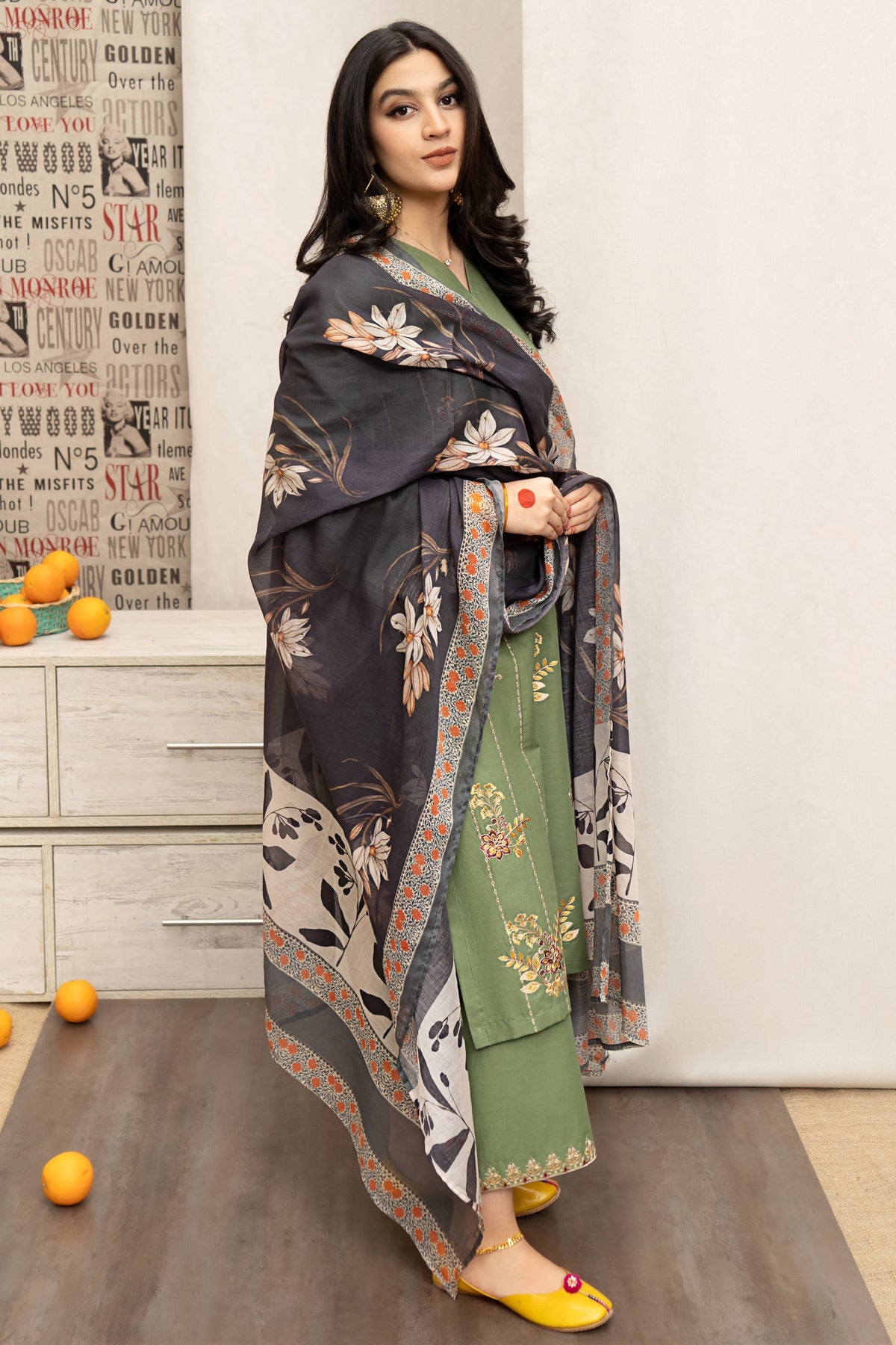 URGE- 3PC DHANAK EMBROIDERED SHIRT WITH COUTURE  PRINT SHAWL AND EMB TROUSER-BIC-3222