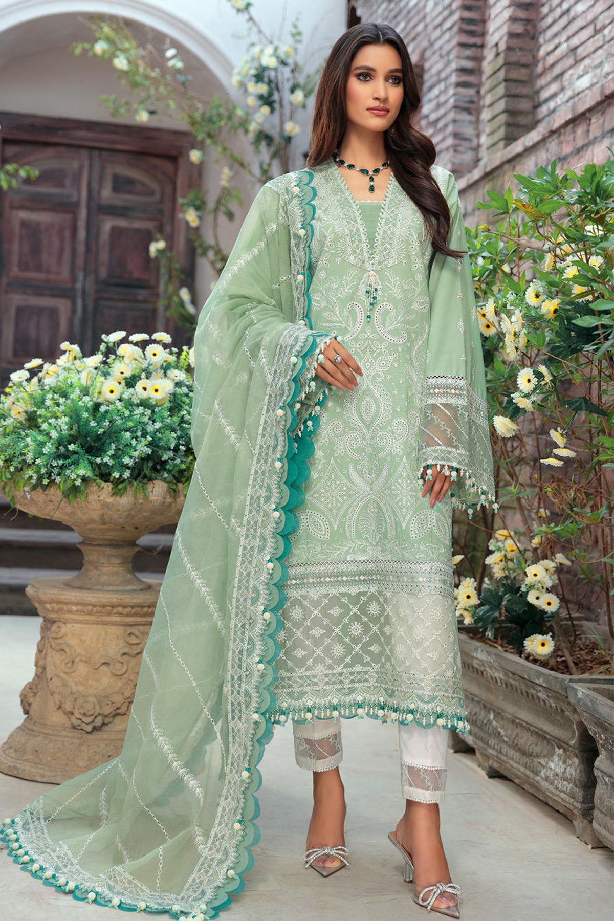 SAHEEFA- LAWN 3PC EMBROIDERED SHIRT WITH ORGANZA EMBROIDERED DUPATTA WITH TROUSER -BIC- 3426