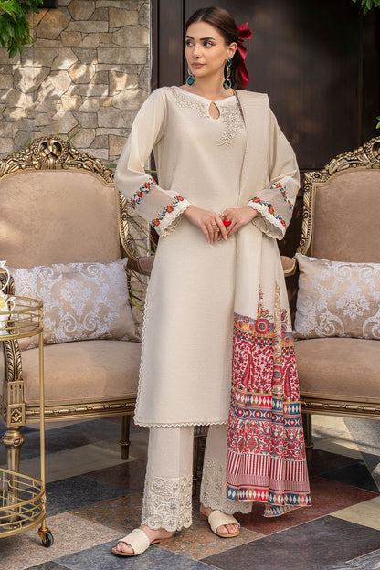 GHAZAL- 3PC DHANAK EMBROIDERED SHIRT WITH WOOL PRINT SHAWL AND TROUSER-BIC-3151