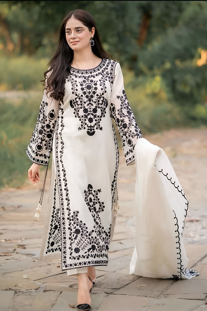 JAZMIN- DHANAK 3PC EMBROIDERED SHIRT WITH DHANAK EMBROIDERED SHAWL WITH TROUSER -BSC 3228