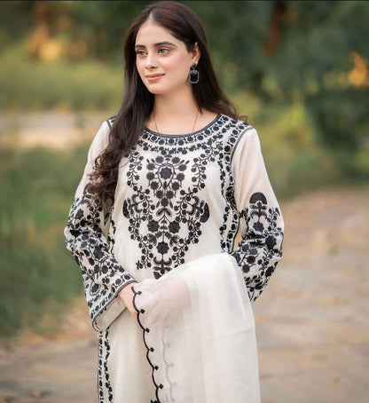 JAZMIN- DHANAK 3PC EMBROIDERED SHIRT WITH DHANAK EMBROIDERED SHAWL WITH TROUSER -BSC 3228