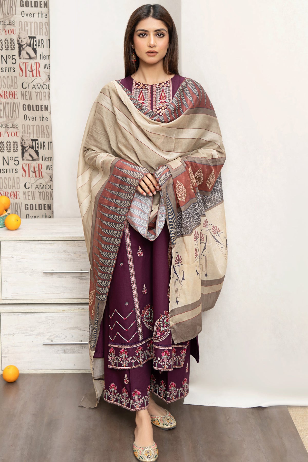 URGE- 3PC DHANAK EMBROIDERED SHIRT WITH COUTURE  PRINT SHAWL AND EMB TROUSER-BIC-3216