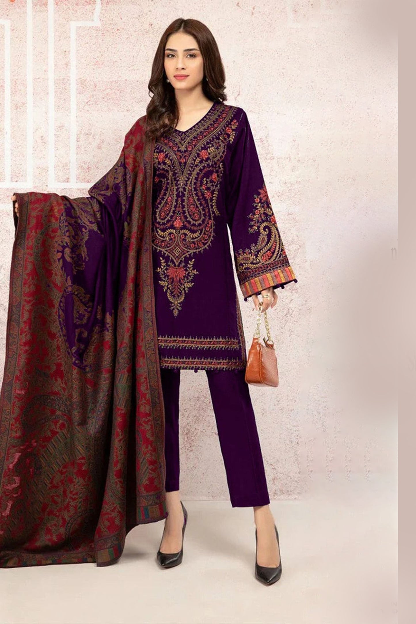 MARIA B-3PC KHADDAR EMBROIDRED SHIRT WITH WOOL PRINT SHAWL AND TROUSER-BIC-3268 PLUM