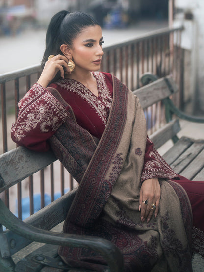 IZEL-3PC DHANAK EMBROIDERED SHIRT WITH COUTURE PRINT SHAWL AND TROUSER-BIC-3332