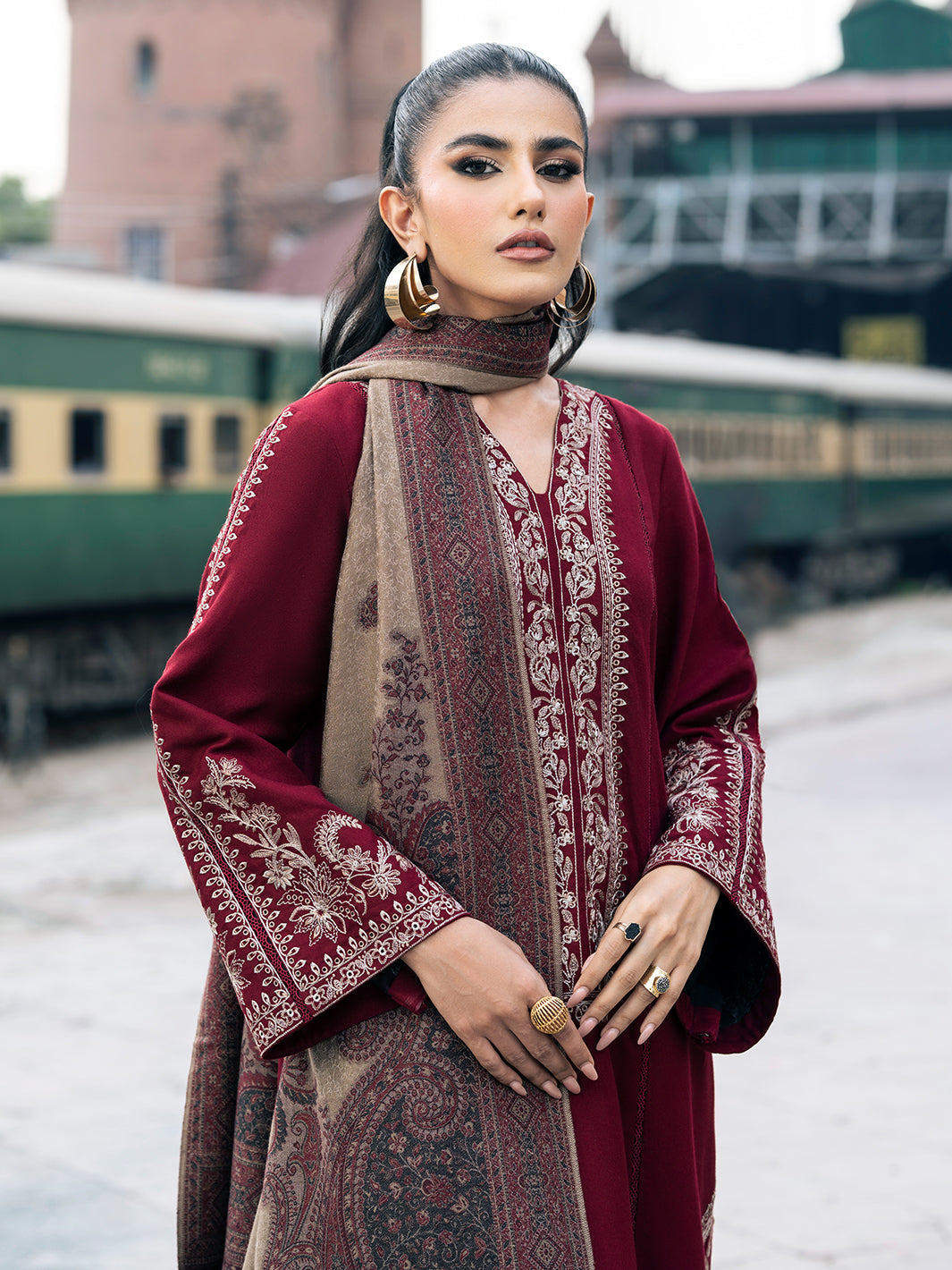 IZEL-3PC DHANAK EMBROIDERED SHIRT WITH COUTURE PRINT SHAWL AND TROUSER-BIC-3332