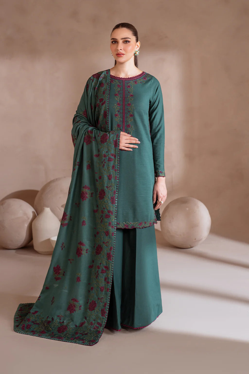 IZNIK-3PC DHANAK EMBROIDERED SHIRT WITH DHANAK EMBROIDERED SHAWL & TROUSER-BIC-3389