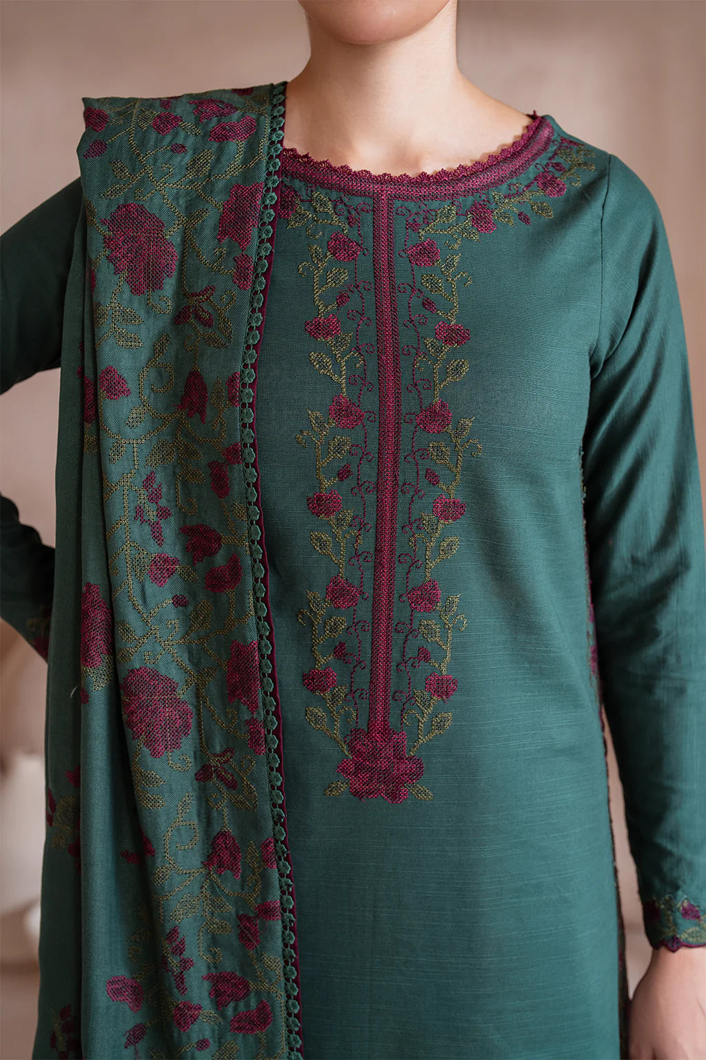 IZNIK-3PC DHANAK EMBROIDERED SHIRT WITH DHANAK EMBROIDERED SHAWL & TROUSER-BIC-3389