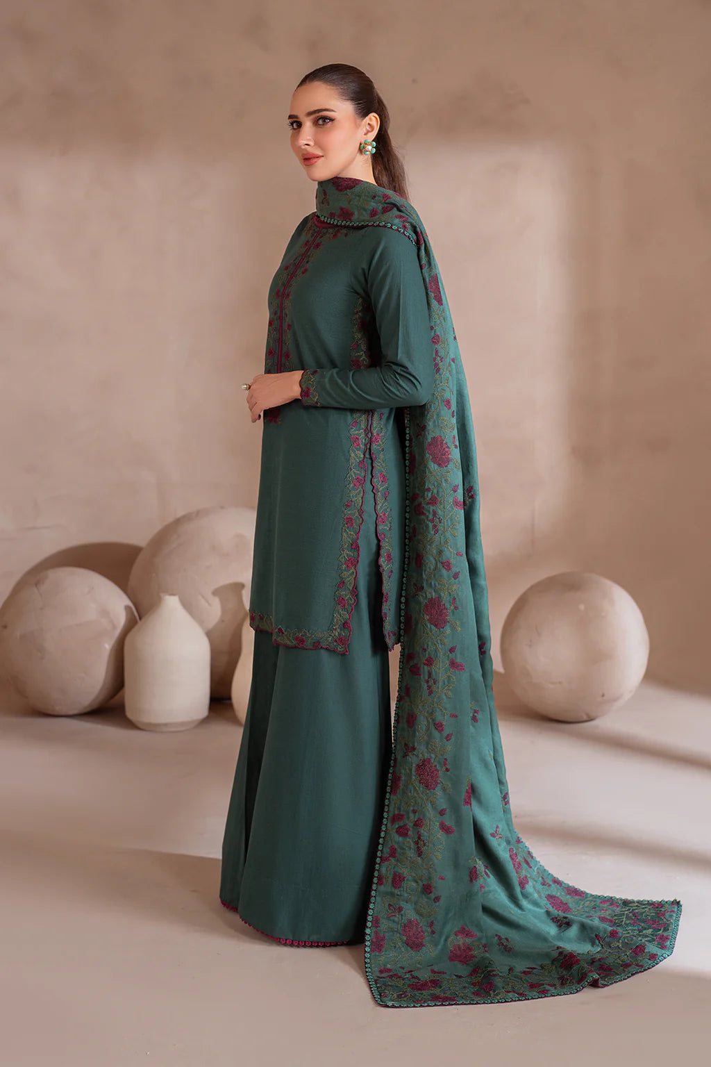 IZNIK-3PC DHANAK EMBROIDERED SHIRT WITH DHANAK EMBROIDERED SHAWL & TROUSER-BIC-3389