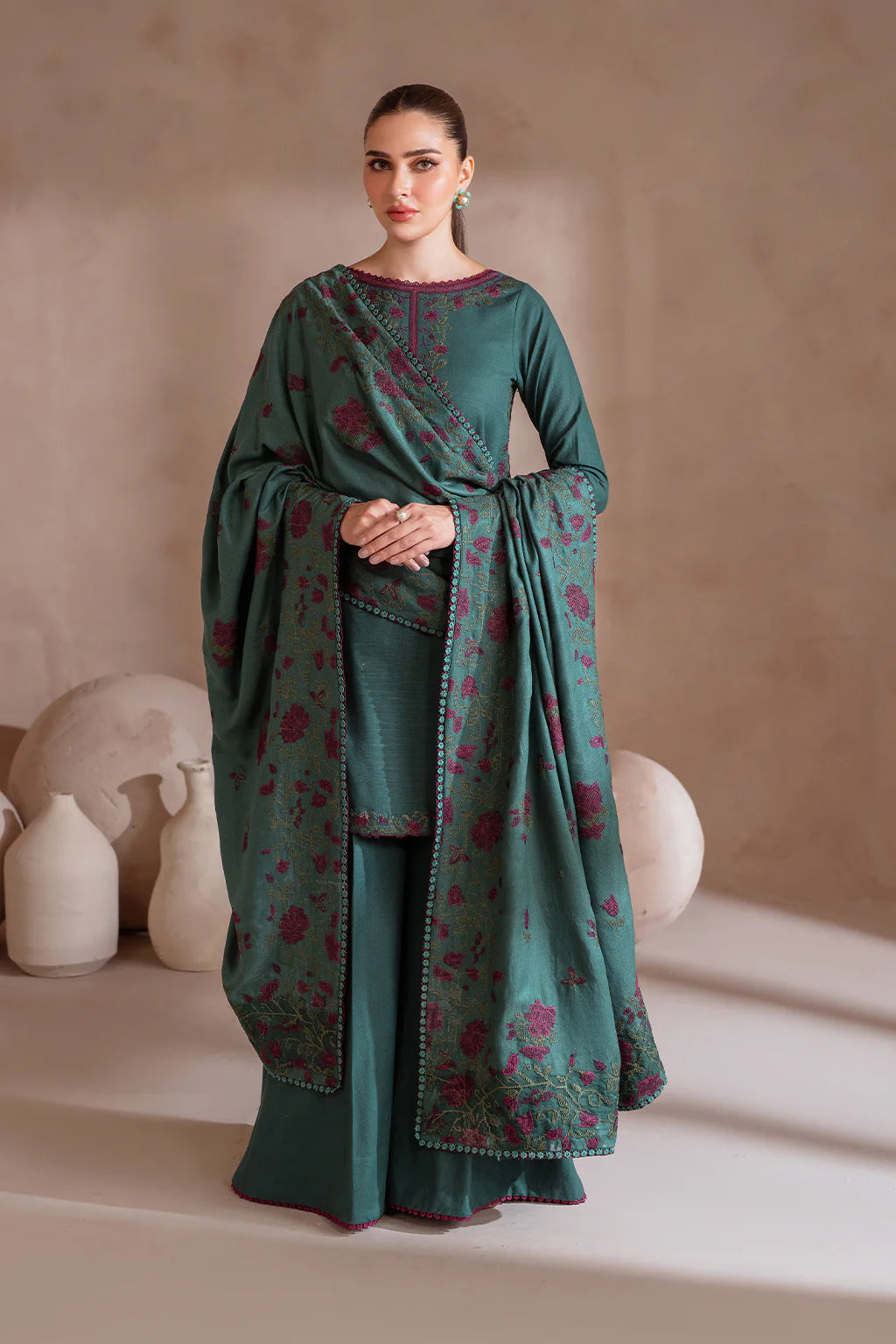 IZNIK-3PC DHANAK EMBROIDERED SHIRT WITH DHANAK EMBROIDERED SHAWL & TROUSER-BIC-3389