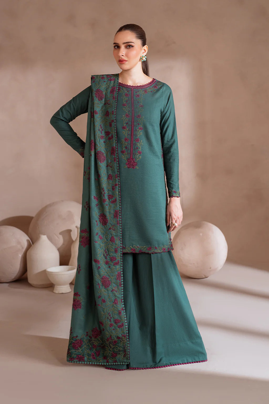 IZNIK-3PC DHANAK EMBROIDERED SHIRT WITH DHANAK EMBROIDERED SHAWL & TROUSER-BIC-3389