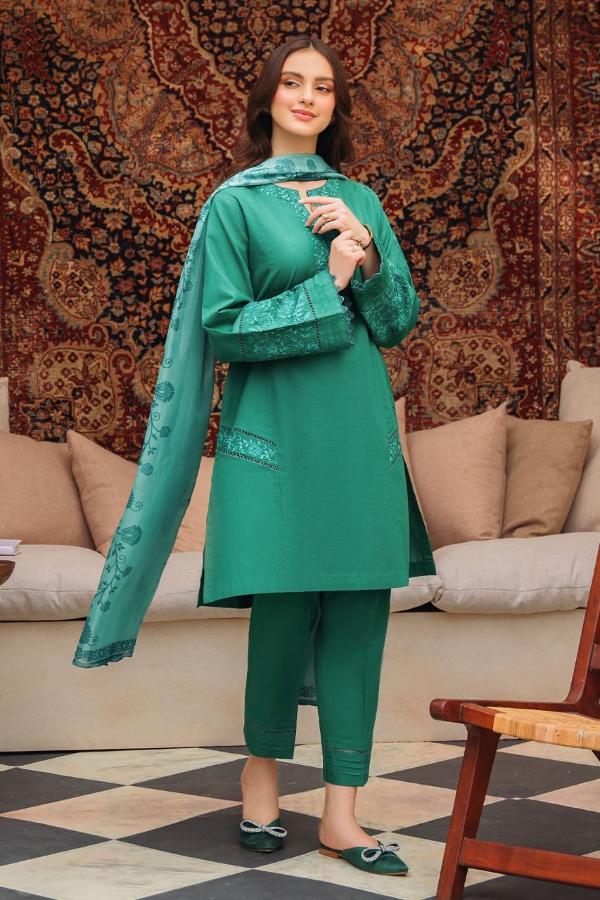 ZIVA - 3PC LAWN EMBROIDERED SHIRT WITH DIAMOND PRINTED DUPATTA AND TROUSER-BIC-2730