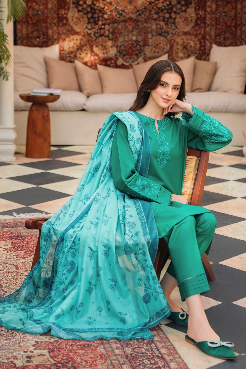 ZIVA - 3PC LAWN EMBROIDERED SHIRT WITH DIAMOND PRINTED DUPATTA AND TROUSER-BIC-2730